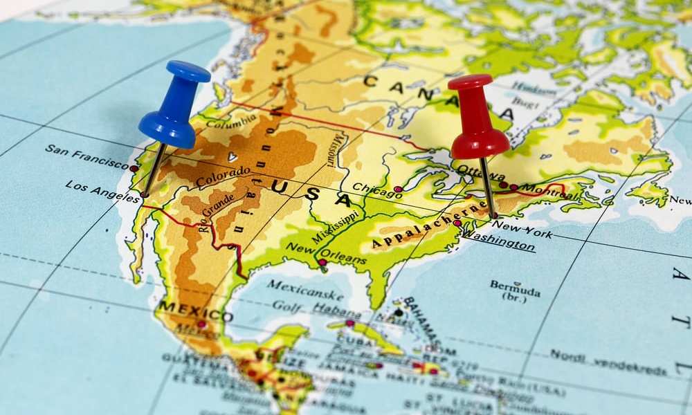 U.S. map marking NYC, LA