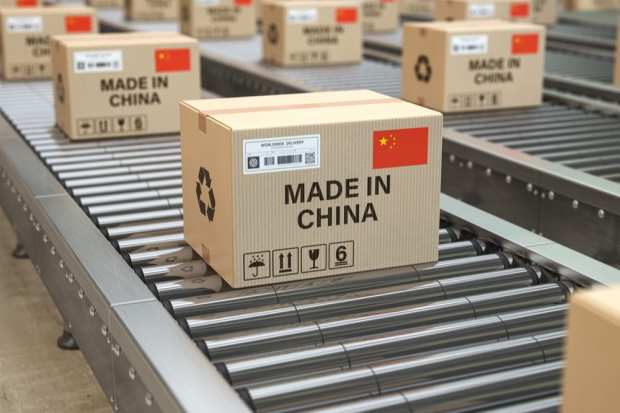 made in China boxes on conveyor belt
