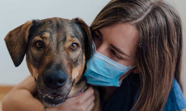 dog and woman with face mask