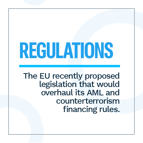 Regulations: The EU recently proposed legislation that would overhaul its AML and counterterrorism financing rules.