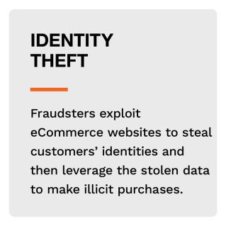 Identity Theft: Fraudsters exploit eCommerce websites to steal customers’ identities and then leverage the stolen data to make illicit purchases.