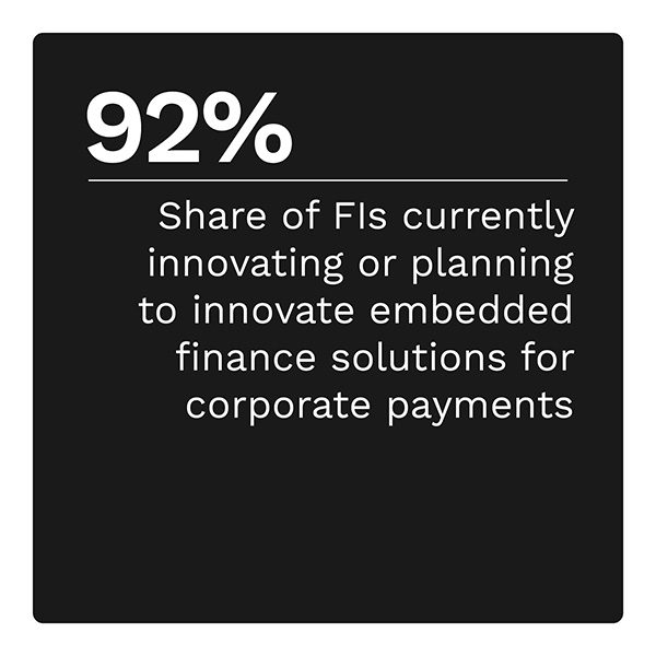 • 92%: Share of FIs currently innovating or planning to innovate embedded finance solutions for corporate payments