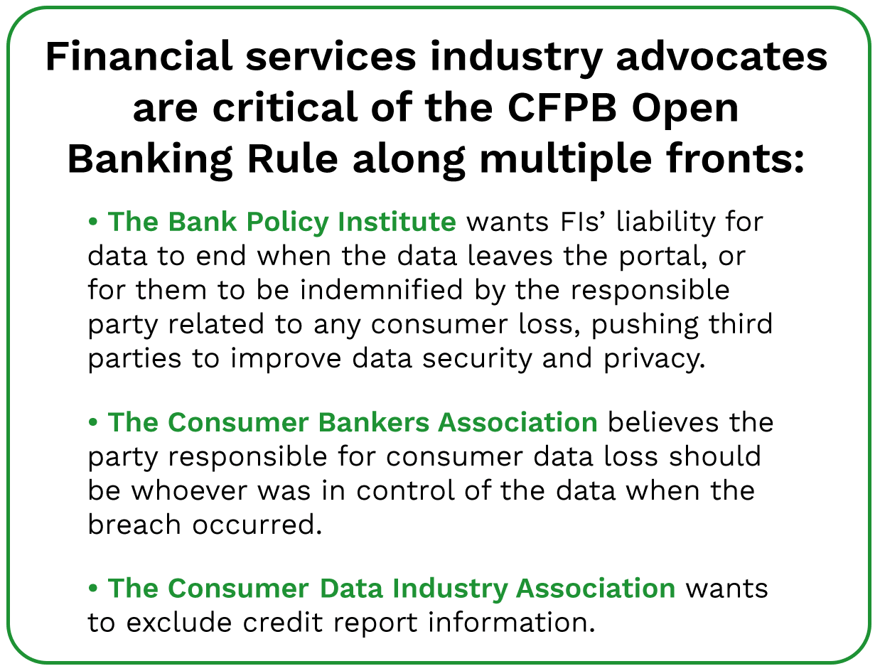 Financial services industry advocates are critical of the CFPB Open Banking Rule compliance along multiple fronts.