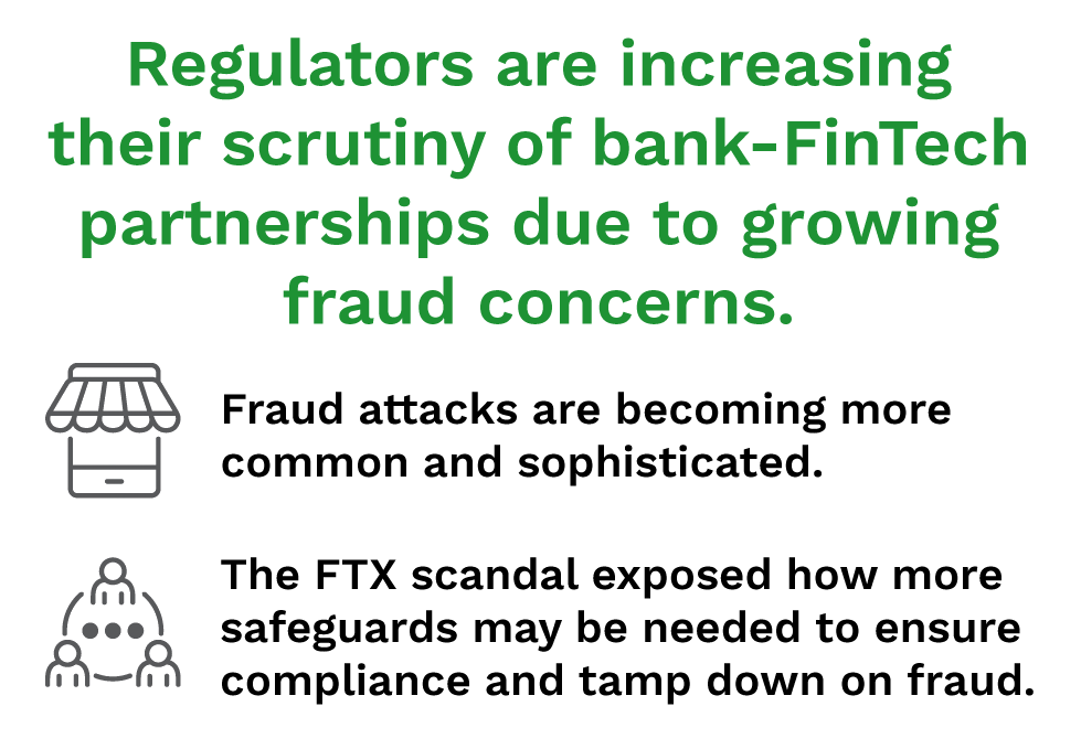 Regulators are increasing their scrutiny of bank-FinTech partnerships due to growing fraud concerns.