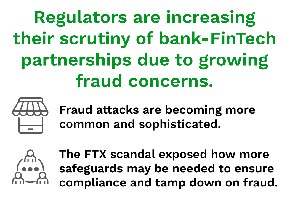 Regulators are increasing their scrutiny of bank-FinTech partnerships due to growing fraud concerns.