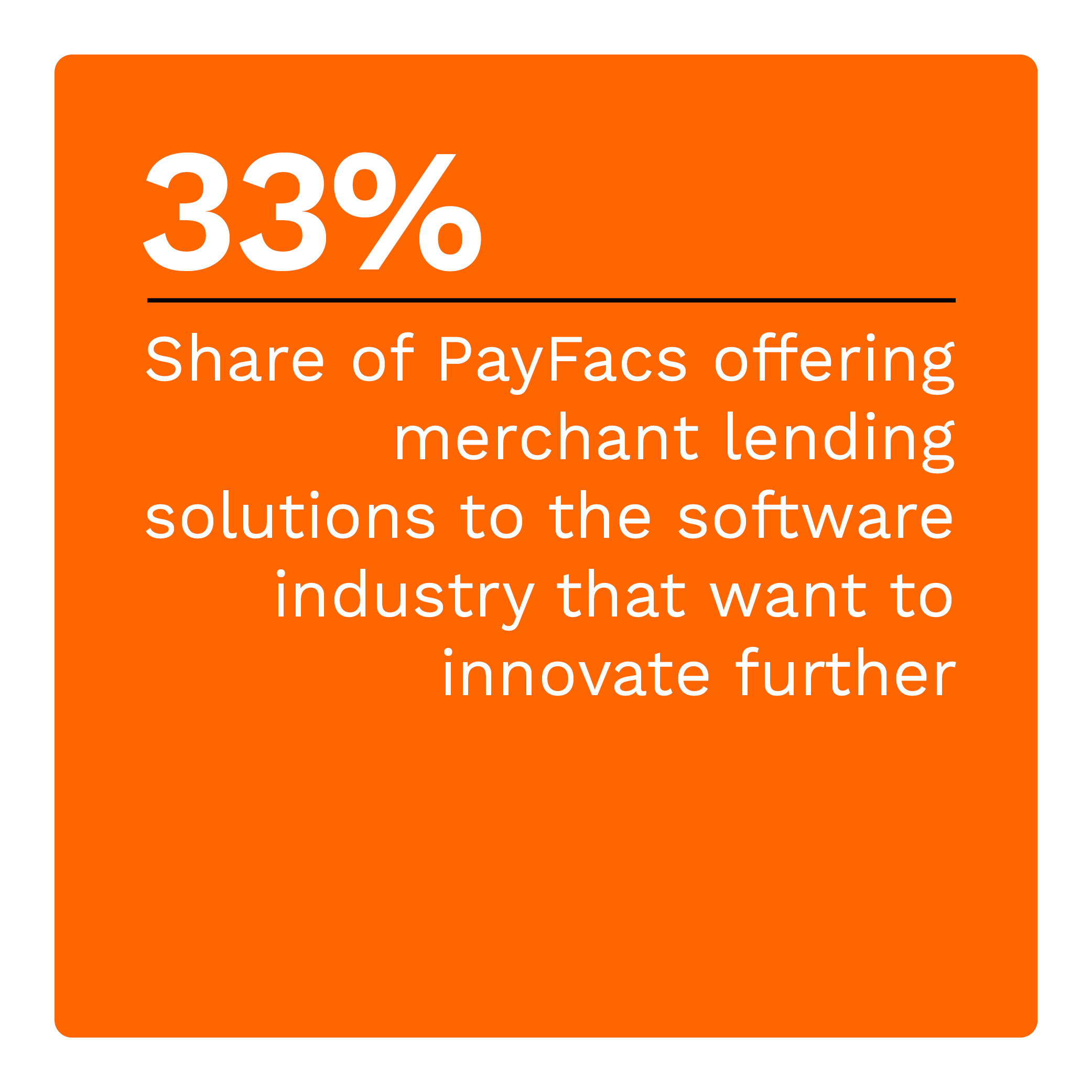 33%: Share of PayFacs offering merchant lending solutions to the software industry that want to innovate further