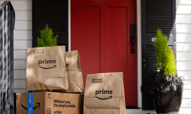 Amazon grocery bags on front porch