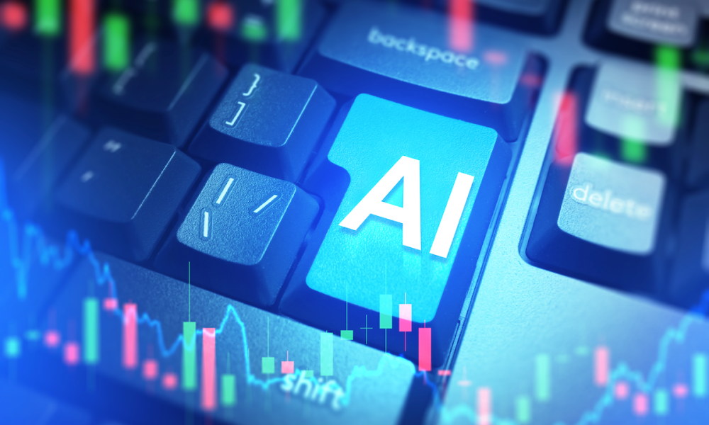 AI on computer keyboard with market graphs