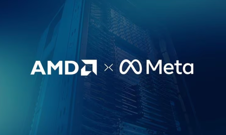 AMD and Meta logos on blue background