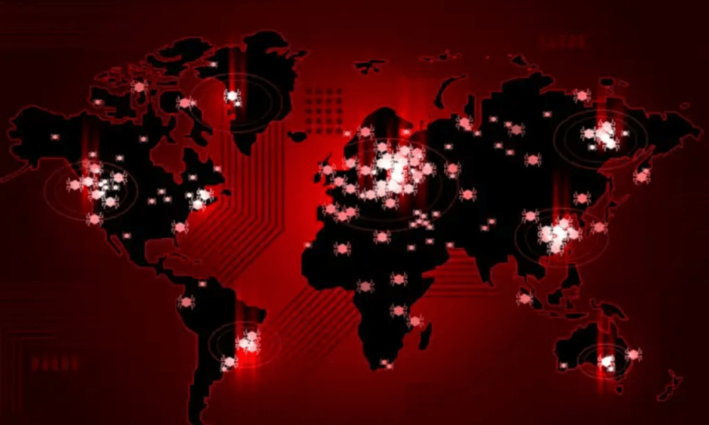 global hacking concept, map on red background