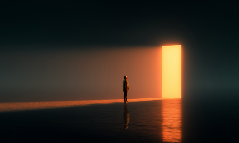 empty room, lit doorway, spatial concept