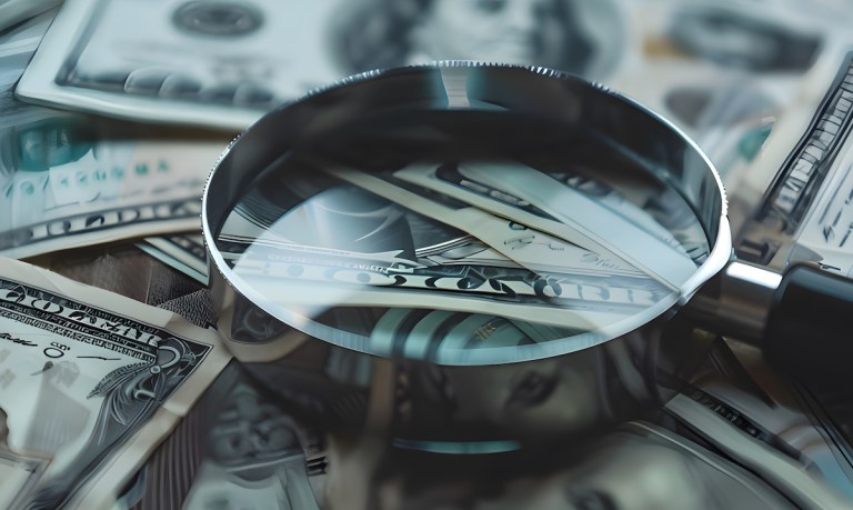 magnifying glass on top of cash