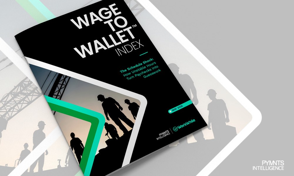 Featured image for the PYMNTS Intelligence and WorkWhile May 2026 Wage to Wallet Index. New PYMNTS Intelligence research shows schedule instability drives income swings, missed bills and financial stress for hourly workers.