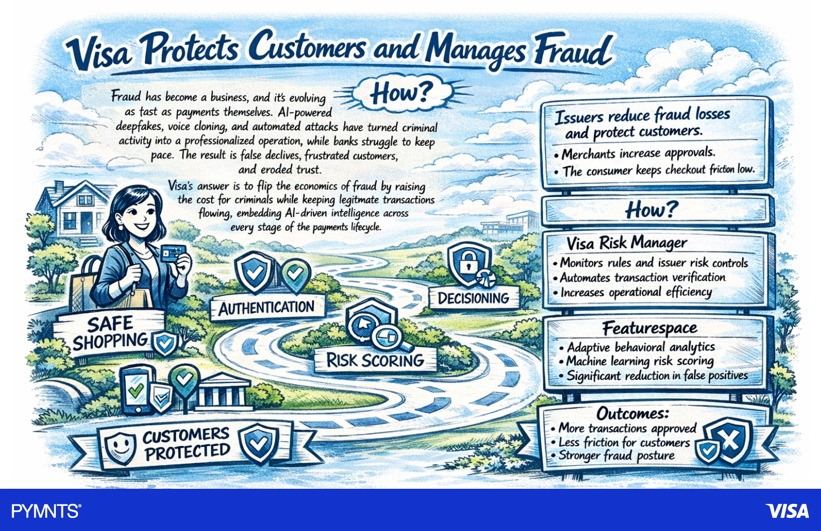 Graphic showing how Visa protects customers and manages fraud.