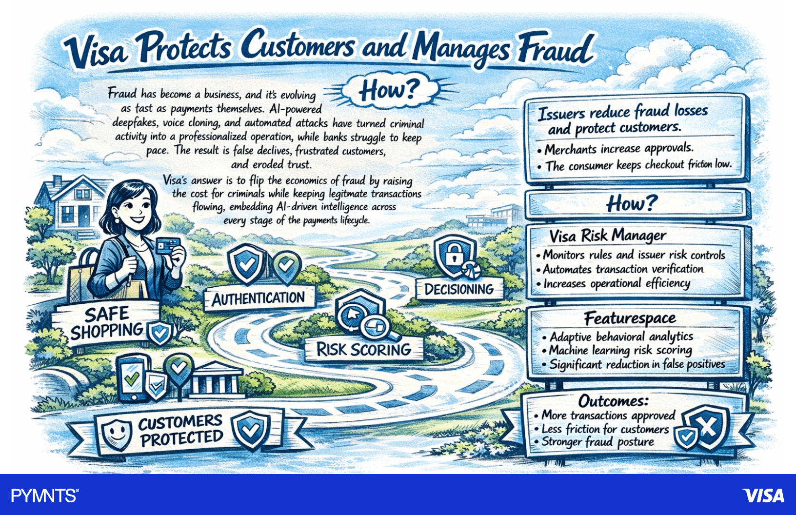 Graphic showing how Visa protects customers and manages fraud.