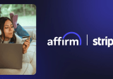 Affirm and Stripe logos; woman with laptop