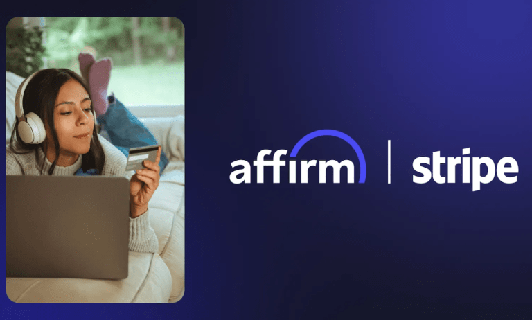 Affirm and Stripe logos; woman with laptop
