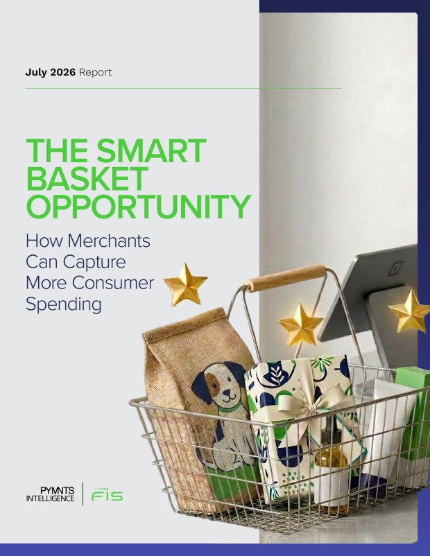 Cover for the July 2026 PYMNTS Intelligence and FIS Report, The Smart Basket Opportunity. PYMNTS Intelligence reports on how merchants can use smart checkout, embedded offers and payment data to capture more consumer spending.