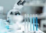 Chemical laboratory glassware with blue liquid samples in test tubes