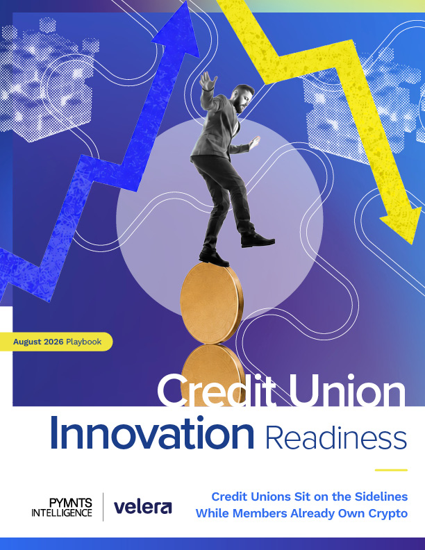 Cover for the August 2026 PYMNTS Intelligence and Velera Credit Union Innovation Readiness Playbook. PYMNTS Intelligence reports how credit unions lag behind younger members in crypto ownership, payments and stablecoin readiness.