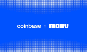Coinbase and Moov logos white on blue