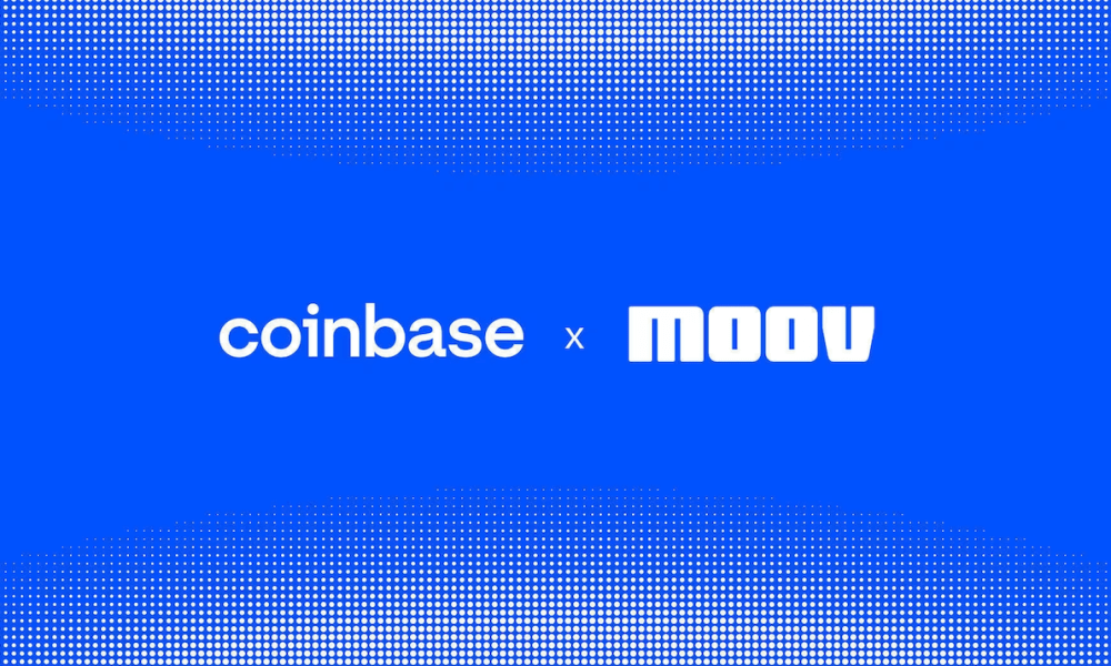Coinbase and Moov logos white on blue