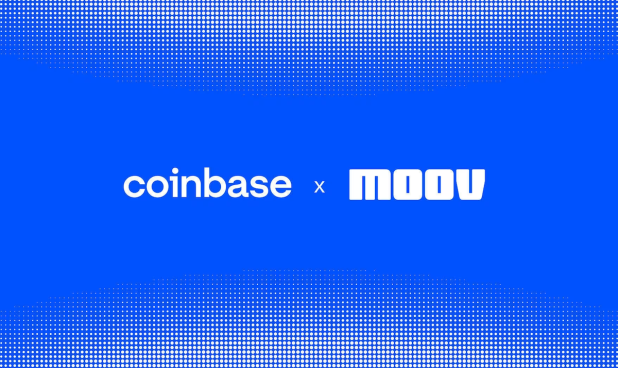 Coinbase and Moov logos white on blue