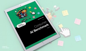 Cover image for the September 2026 edition of the PYMNTS Intelligence Consumer AI Benchmark Report. Consumer AI use is becoming more selective as product research grows and power users focus on tools that deliver value.