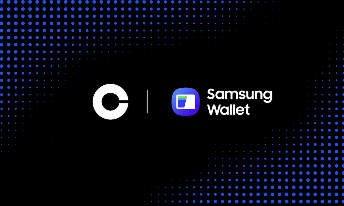 Coinbase and Samsung logos on black with blue dot pattern