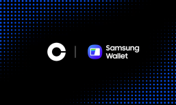 Coinbase and Samsung logos on black with blue dot pattern