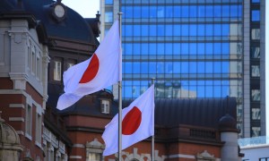 Japan flags and city buildings