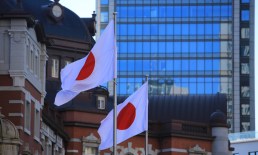 Japan flags and city buildings
